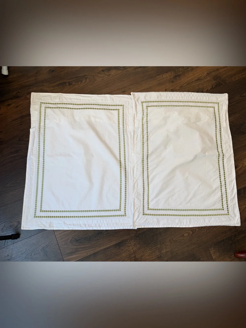 Pottery Barn Vintage Green Embroidered White Embroidered Standard Shams TWO